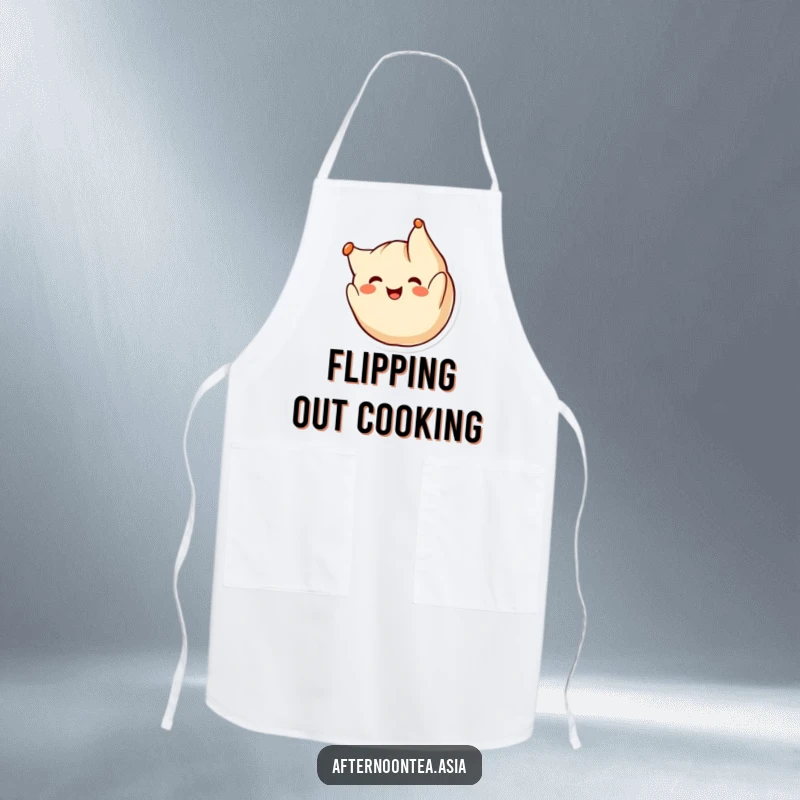 Funny kawaii dumpling character doing a cheerful somersault, a cute and functional apron for a happy cook, a gift.