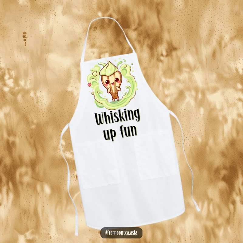Funny Kawaii Matcha Whisk Apron: A cute character creating frothy art, perfect for cooking and as a funny gift.