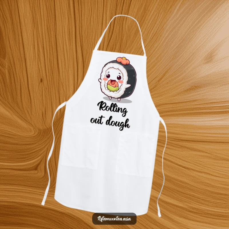 Funny Kawaii Sushi Roll Apron: A cute character wiggling during cooking, perfect for chefs and as a funny gift.