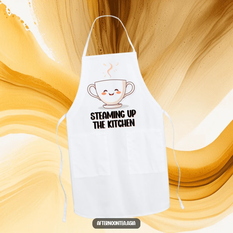 Funny kawaii teacup character steaming with joy, a cute and functional apron design for a happy cook, a gift.