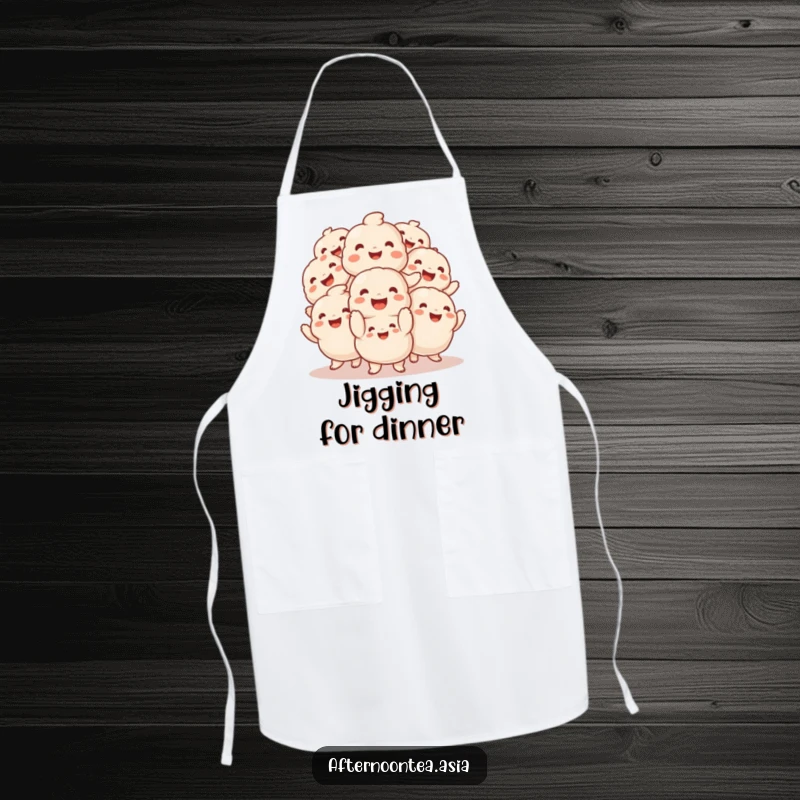 Funny Apron featuring a smiling pile of fluffy dumplings performing a joyful jig while cooking.