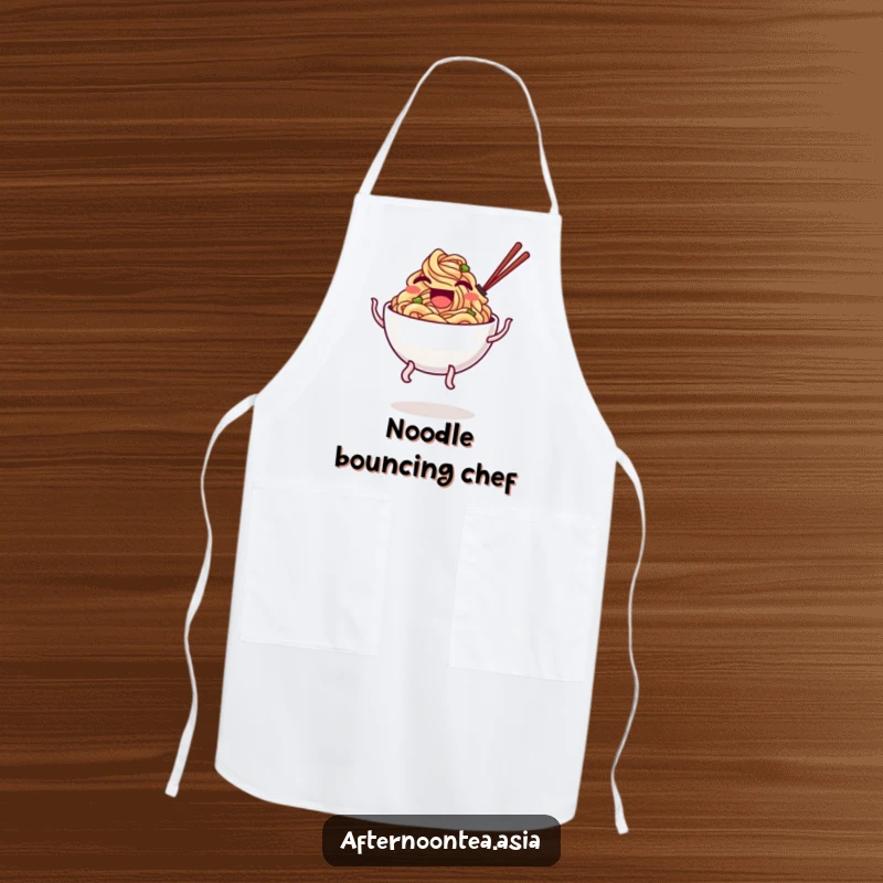 Funny Apron featuring a laughing bowl of noodles with wobbly legs doing a playful bounce while cooking.