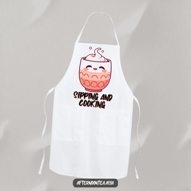 Funny Kawaii Sake Cup Apron: A cute character with satisfied eyes, perfect for cooking and as a funny gift.