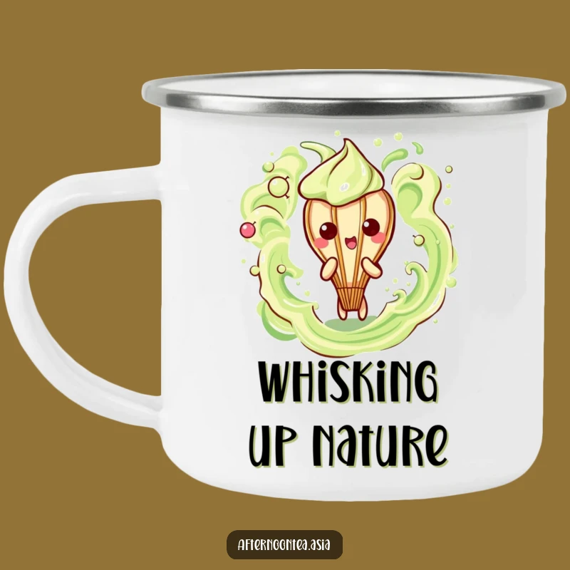 Funny Kawaii Matcha Whisk Camping Mug: Frothy Sips Outdoors, Adventurous Gift