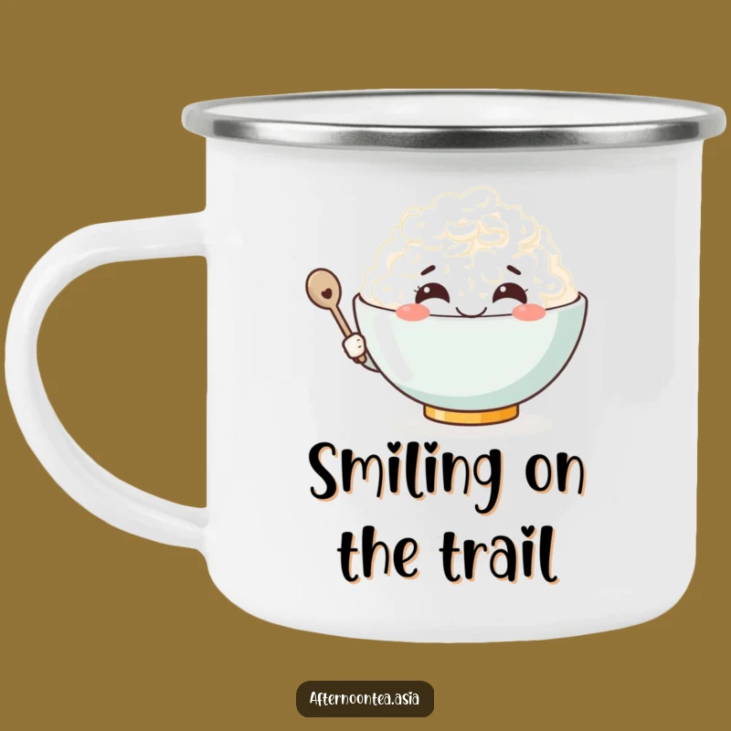Funny Kawaii Rice Bowl Camping Mug: Smiling Sips Outdoors, Adventurous Gift