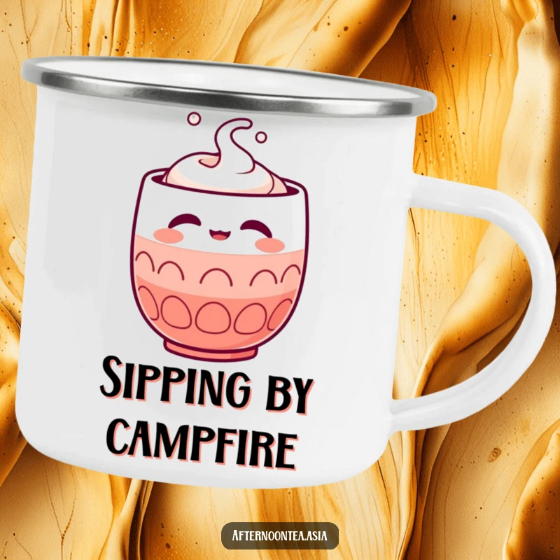 Funny Kawaii Sake Cup Camping Mug: A cute character showing satisfaction, ideal for outdoor fun and as a funny gift.