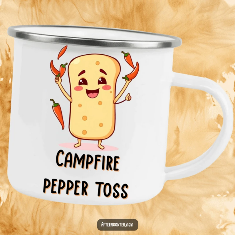 Funny Camping Mug with a happy naan bread character cheerfully juggling chili peppers.