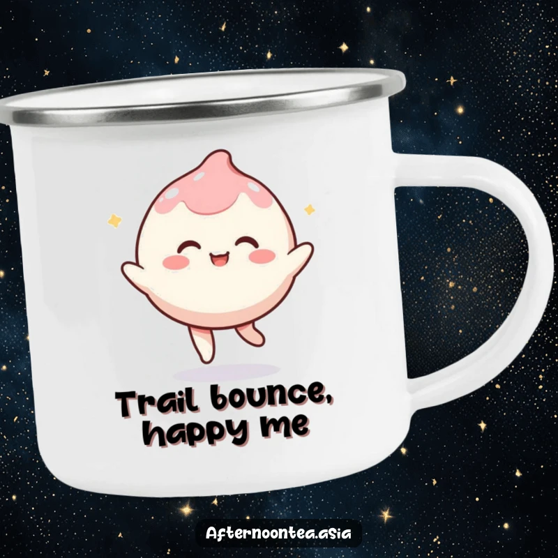 Funny kawaii mochi character playfully bouncing, perfect for outdoor fun on this sturdy camping mug, a gift.