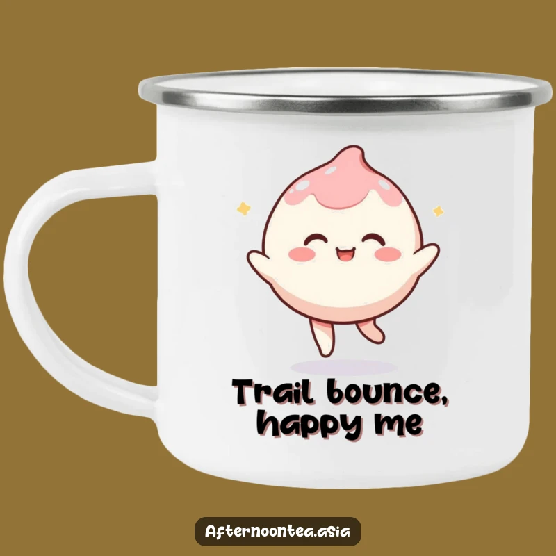 Funny Kawaii Mochi Camping Mug: Bouncing Adventures, Rustic Playful Gift