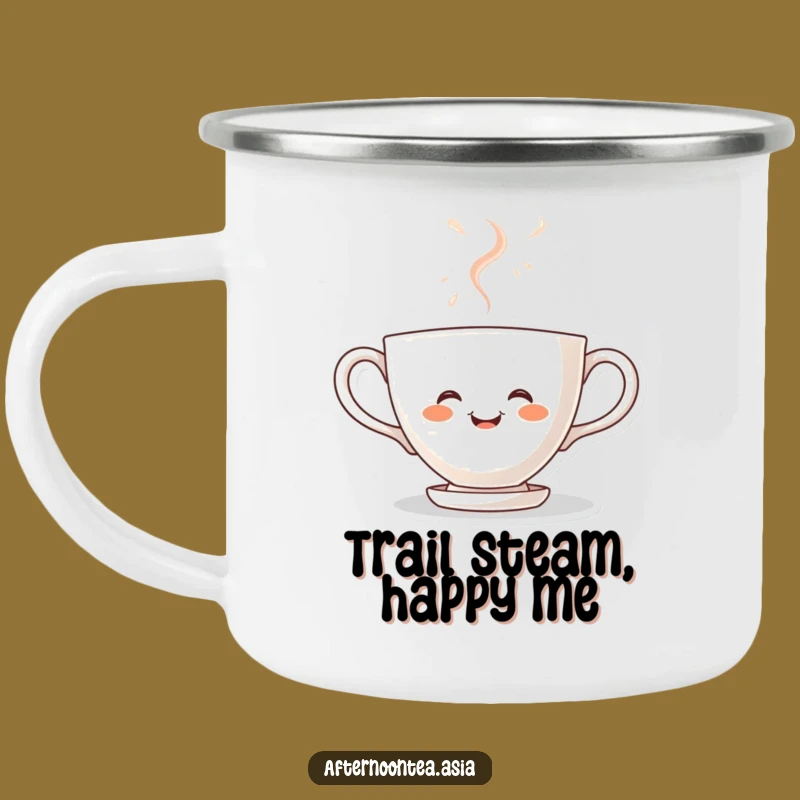 Funny Kawaii Teacup Camping Mug: Steaming with Adventure, Rustic Gift