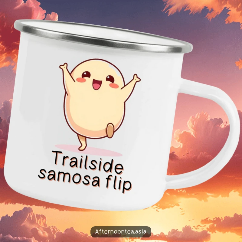 Funny Camping Mug with a cheerful samosa character performing a delightful cartwheel.