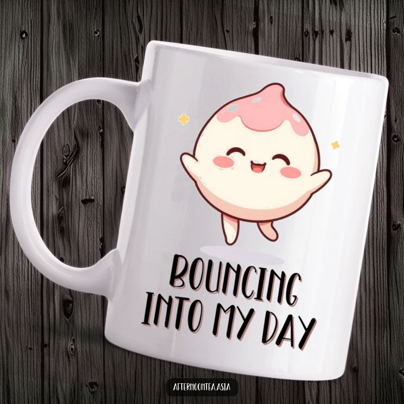 Funny kawaii mochi character playfully bouncing with a happy smile on this delightful mug, a great gift.