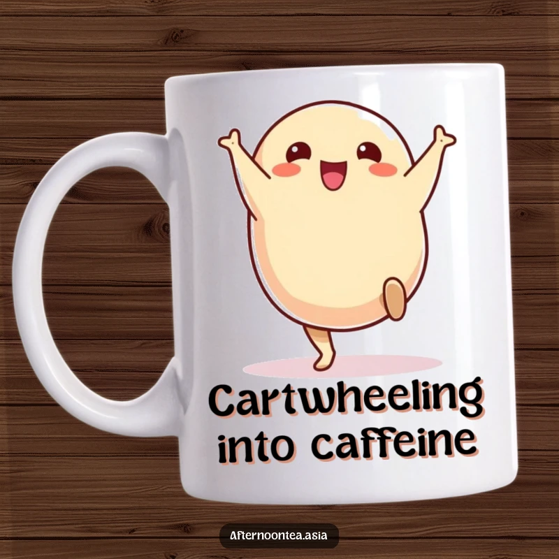 Funny Mug showcasing a cheerful samosa character joyfully performing a delightful cartwheel.
