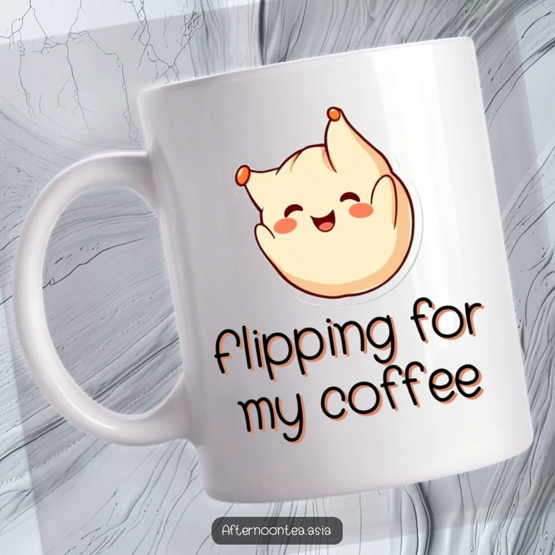 Funny kawaii dumpling character doing a cheerful somersault, mid-air with a big smile on this delightful mug, a gift.