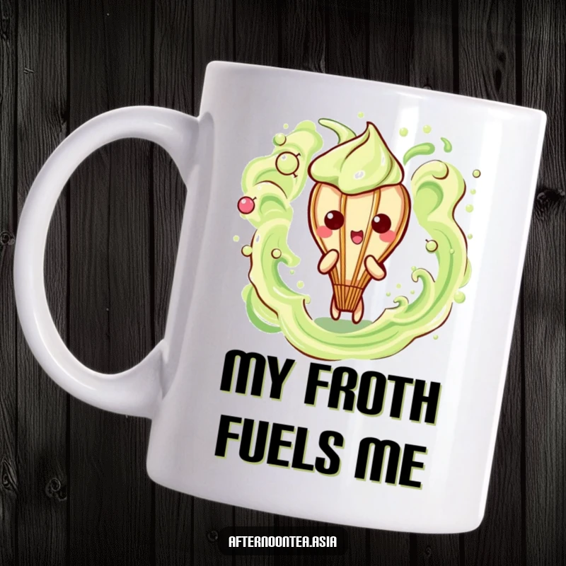 Funny Kawaii Matcha Whisk Mug: A cute character creating frothy patterns, perfect for a funny gift.