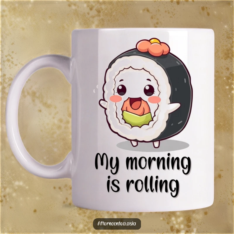 Funny Kawaii Sushi Roll Mug: A cute character wiggling playfully, perfect for a funny gift and a joyful morning.