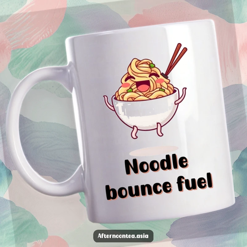 Funny Mug showcasing a laughing bowl of noodles with wobbly legs, doing a silly, happy bounce.