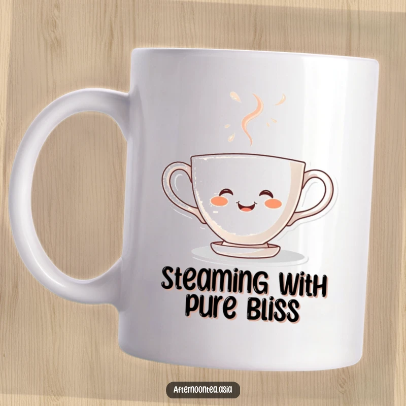 Funny kawaii teacup character steaming with pure joy, radiating happiness on this delightful mug, a perfect gift.
