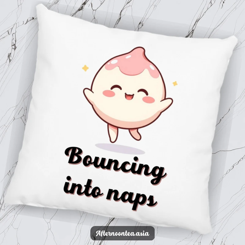 Funny kawaii mochi character playfully bouncing, soft and cuddly on this comfortable pillow, a delightful gift.