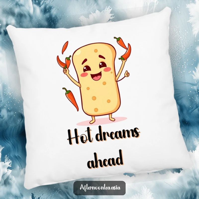 Funny Pillow featuring a happy naan bread character doing a cute and skillful juggling act.