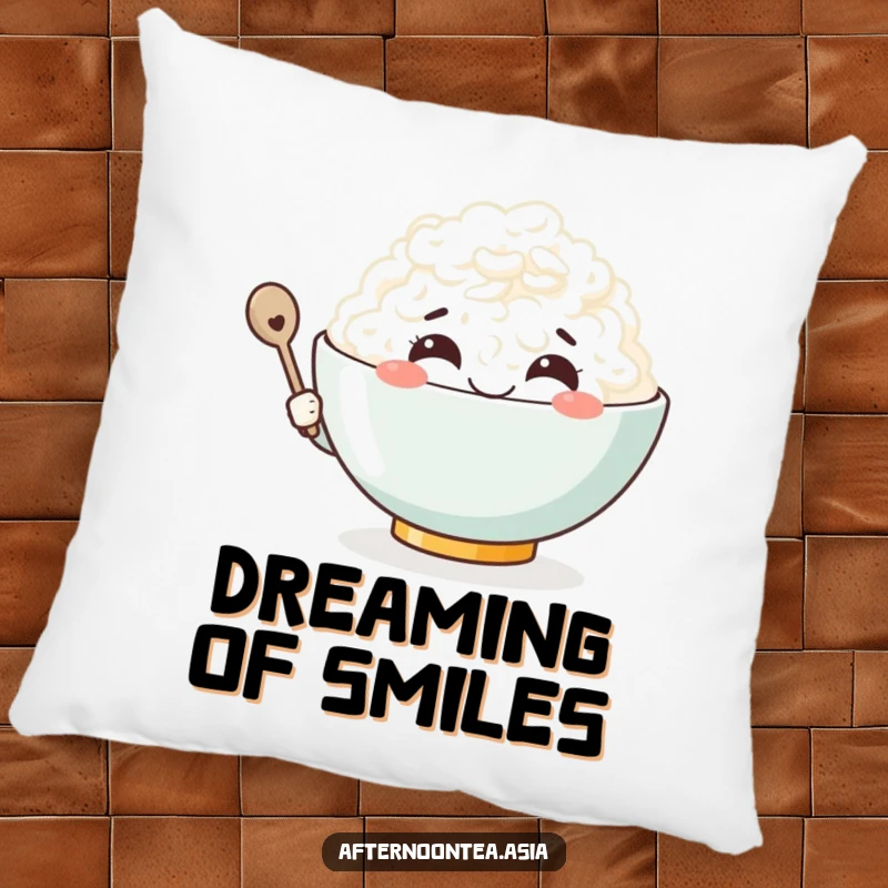 Funny Kawaii Rice Bowl Pillow: A cute character with a big smile, perfect for soft comfort and as a funny gift.