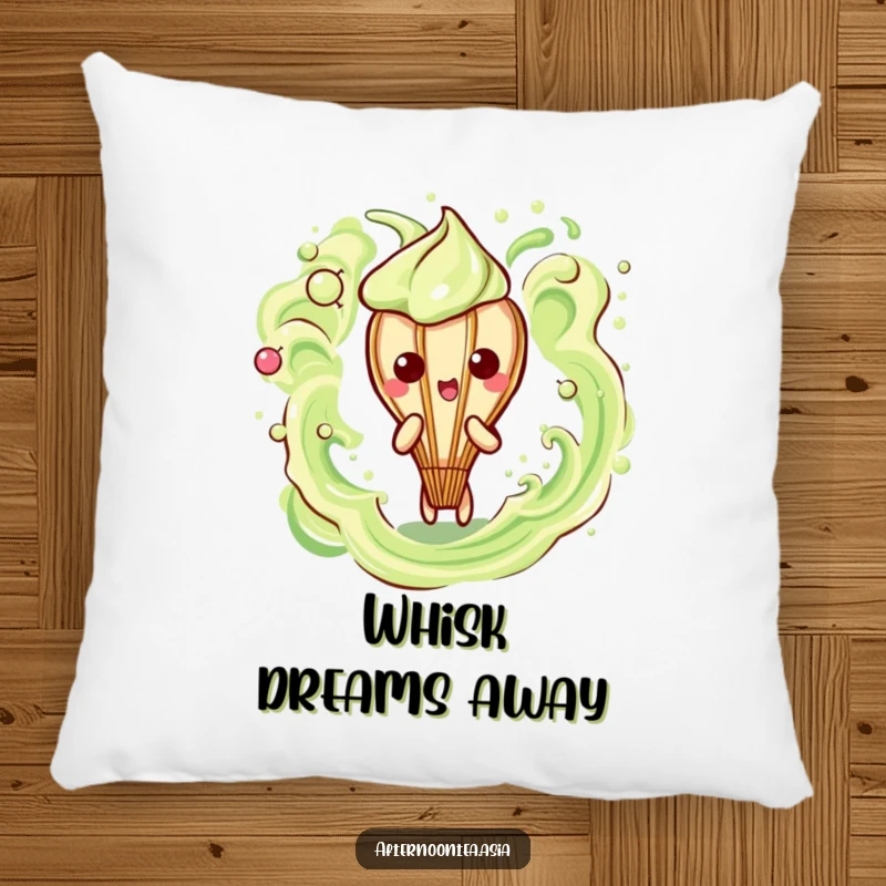Funny Kawaii Matcha Whisk Pillow: A cute character creating frothy art, perfect for soft comfort and as a funny gift.