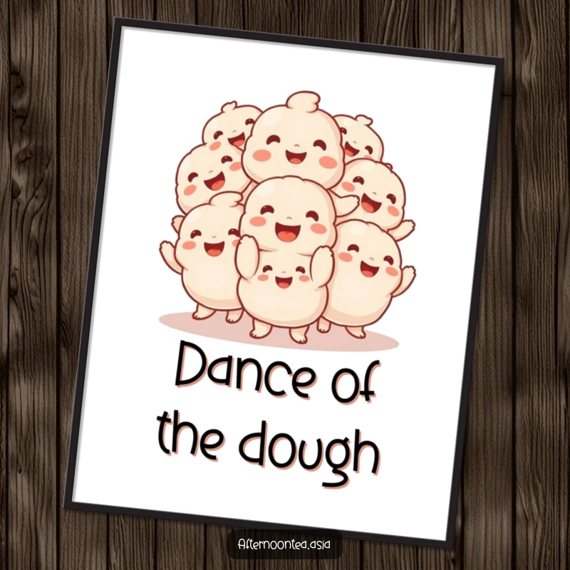 Funny Digital Art Print of a smiling pile of fluffy dumplings performing a delightful jig.