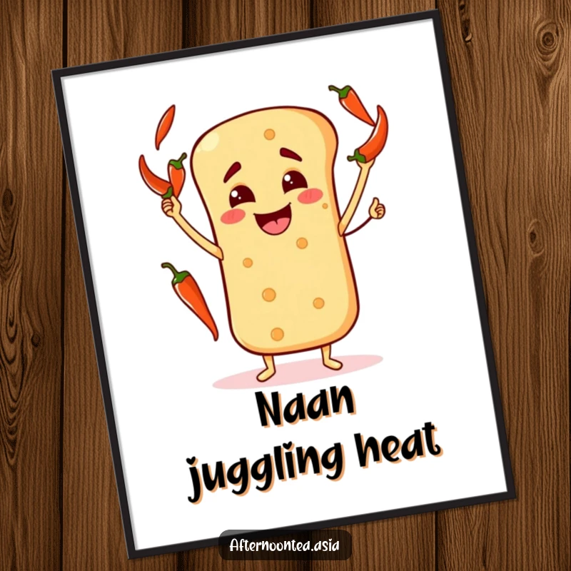 Funny Digital Art Print of a happy naan bread character happily juggling chili peppers.