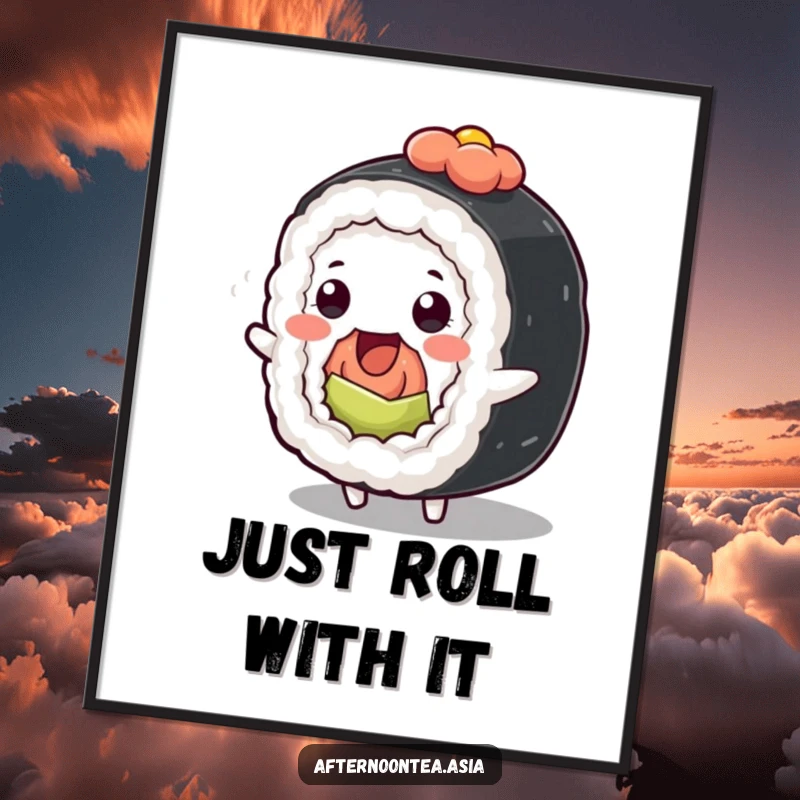 Funny Kawaii Sushi Roll Digital Art Print: A cute character wiggling dynamically, perfect for instant decor and as a funny gift.