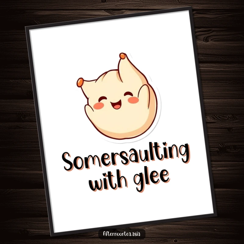 Funny kawaii dumpling character doing a cheerful somersault, a downloadable digital art print full of joy, a unique gift.