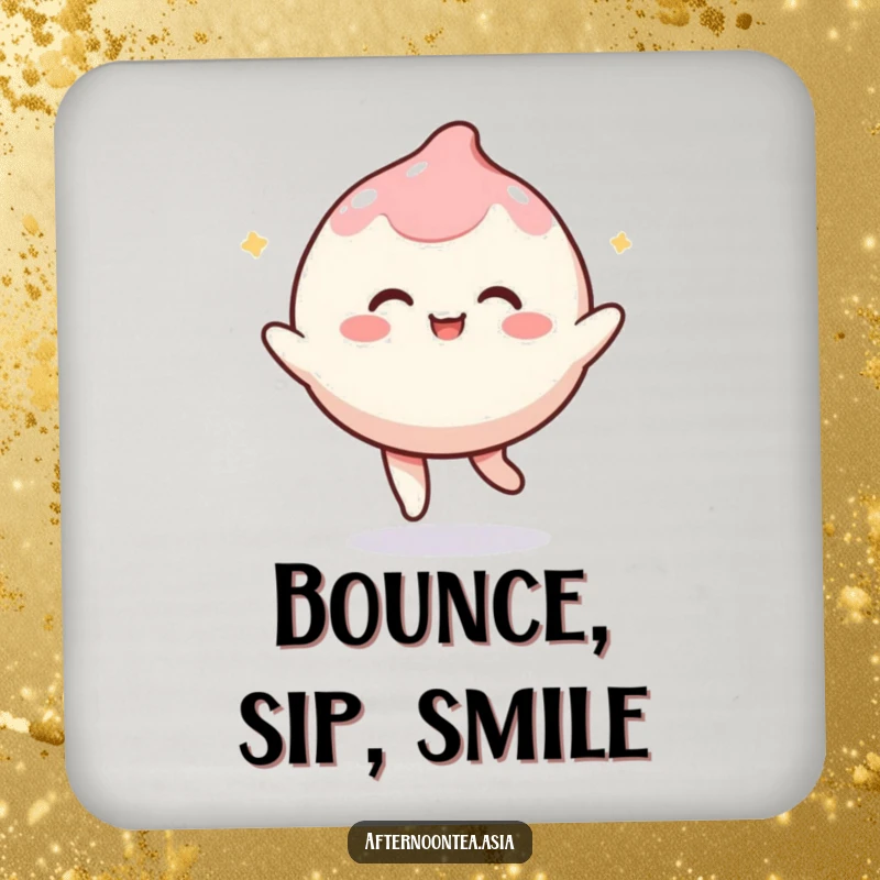 Funny kawaii mochi character playfully bouncing, a charming and protective coaster for drinks, a great gift.
