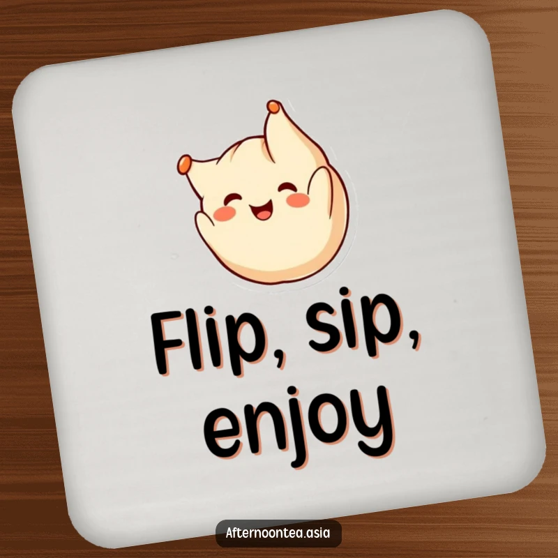 Funny kawaii dumpling character doing a cheerful somersault, a charming and protective coaster for drinks, a great gift.