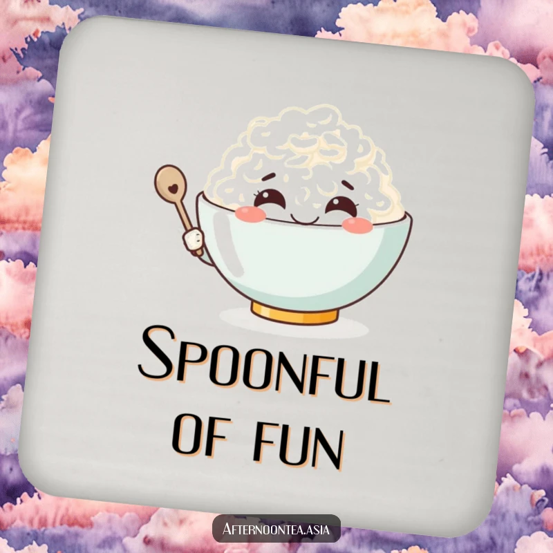 Funny Kawaii Rice Bowl Coaster: A cute character smiling broadly, perfect for drinks and as a funny gift.