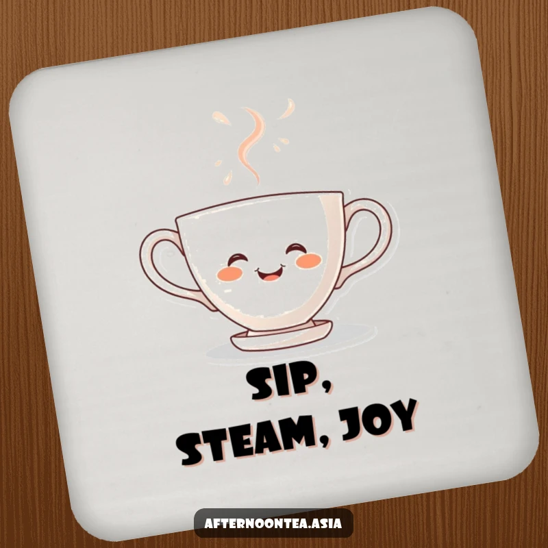 Funny kawaii teacup character steaming with joy, a charming and protective coaster for drinks, a great gift.