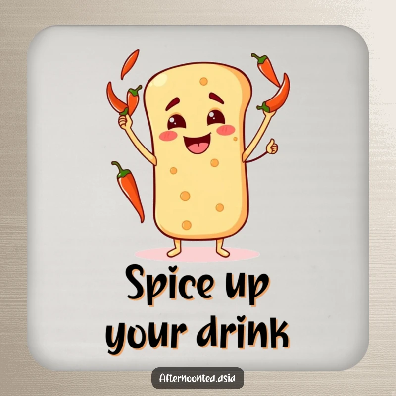 Funny Coasters showing a happy naan bread character skillfully juggling chili peppers.
