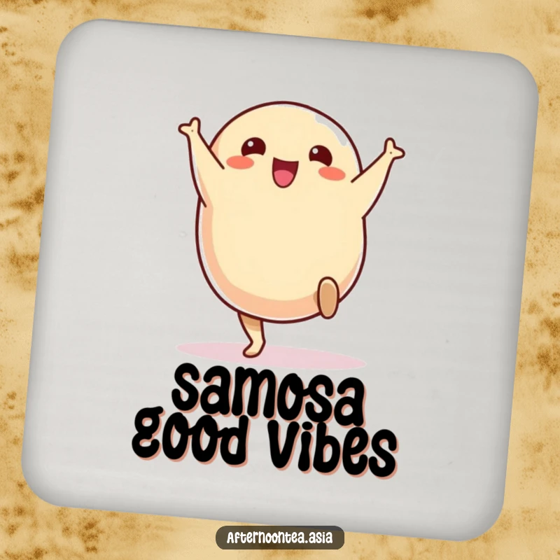 Funny Coasters showing a cheerful samosa character doing a cute and energetic cartwheel.