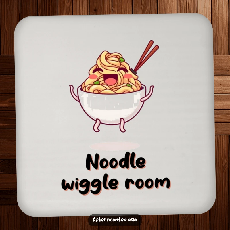 Funny Coasters showing a laughing bowl of noodles with wobbly legs doing a cute and merry bounce.
