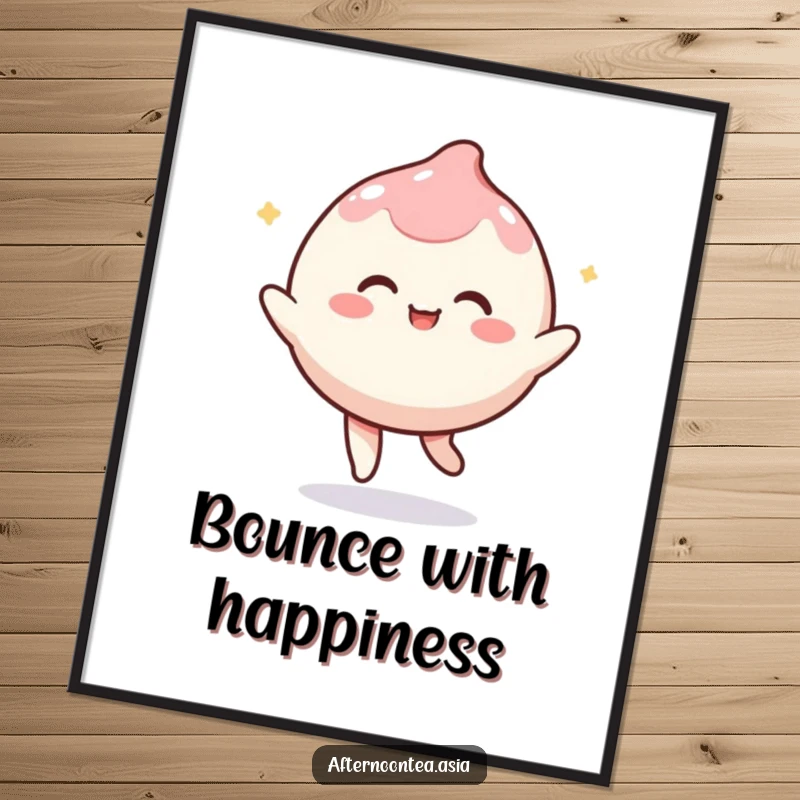 Funny kawaii mochi character playfully bouncing, a vibrant illustration of pure joy on this wall poster, a gift.