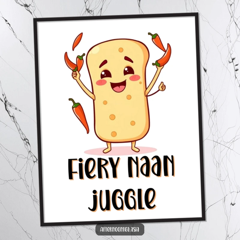 Funny Poster depicting a happy naan bread character joyfully juggling chili peppers, adding spicy fun.