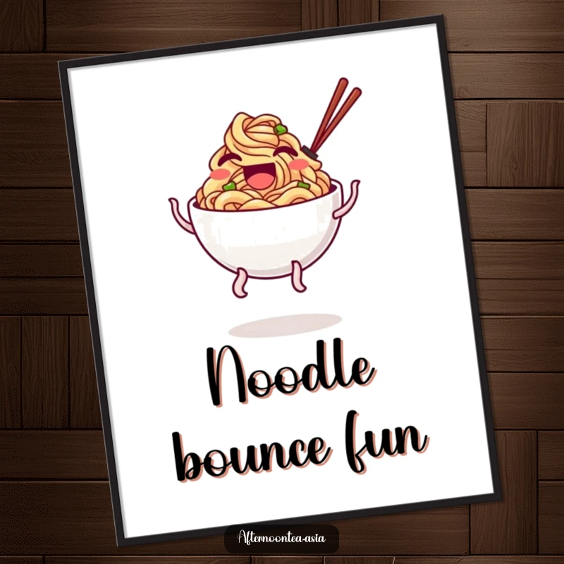 Funny Poster depicting a laughing bowl of noodles with wobbly legs doing a humorous bounce.