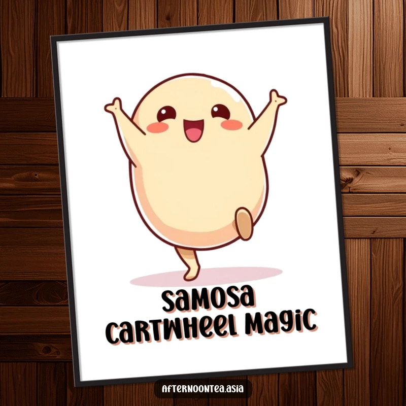 Funny Poster depicting a cheerful samosa character performing a delightful cartwheel, adding snack-themed joy.