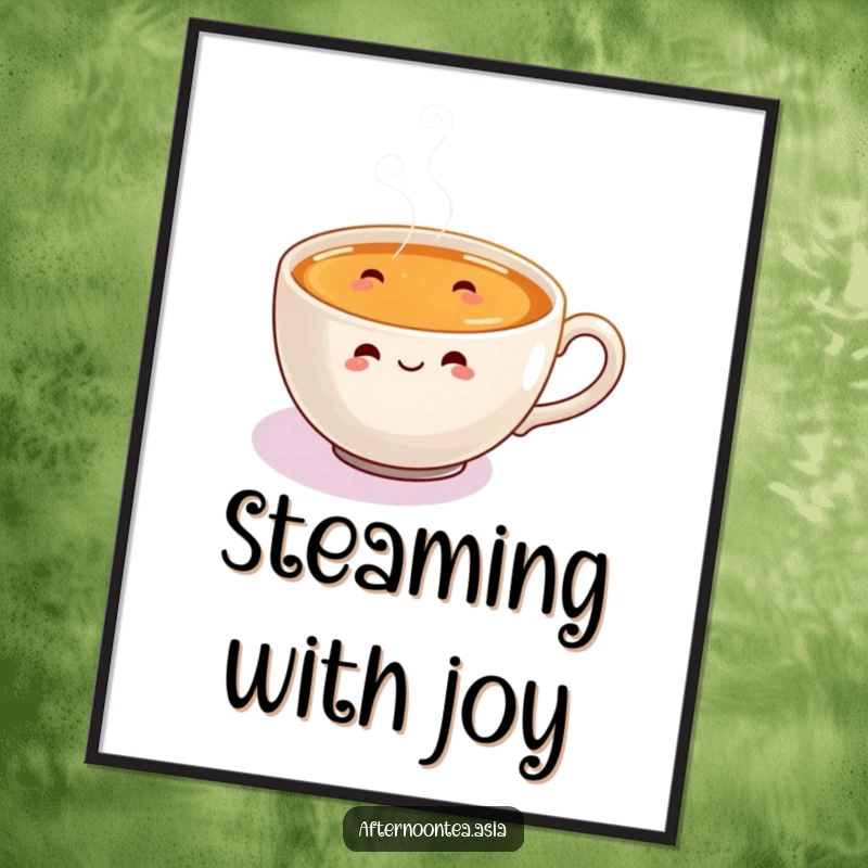 Funny Poster showcasing a joyful steaming chai cup with energetic, happy steam swirls dancing playfully.