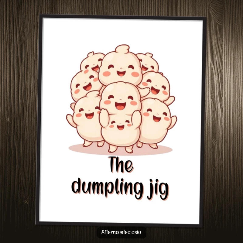 Funny Poster depicting a smiling pile of fluffy dumplings performing a cheerful jig, adding culinary joy.