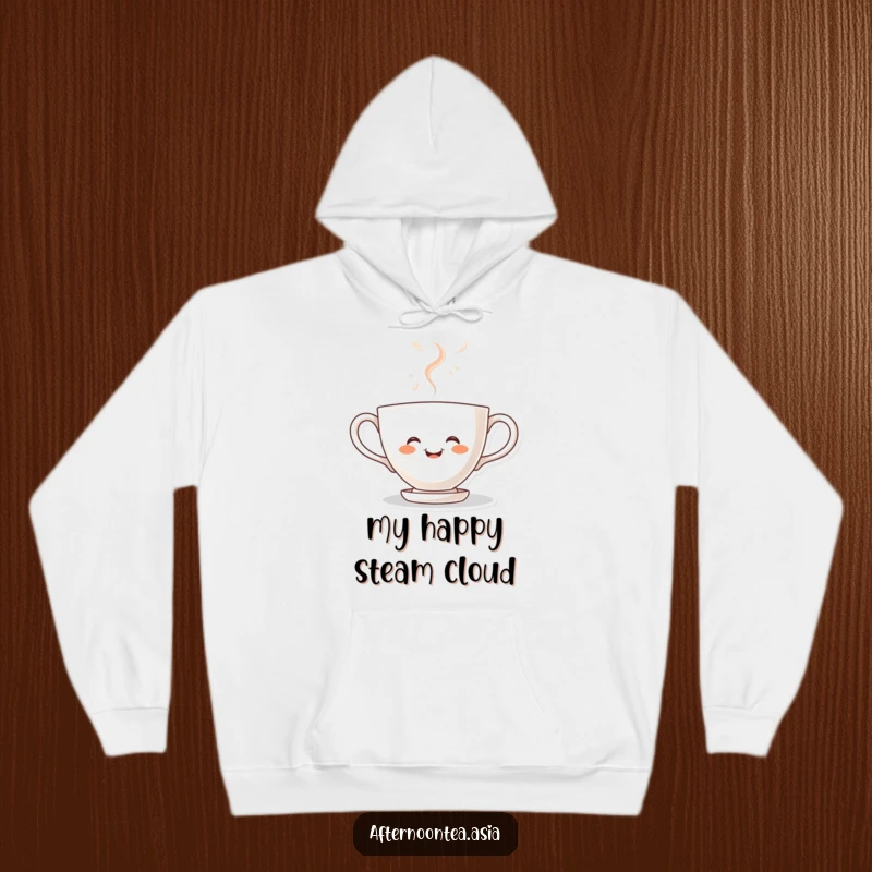 Funny kawaii teacup character steaming with joy, exuding warmth and happiness on this comfortable hoodie, a great gift.