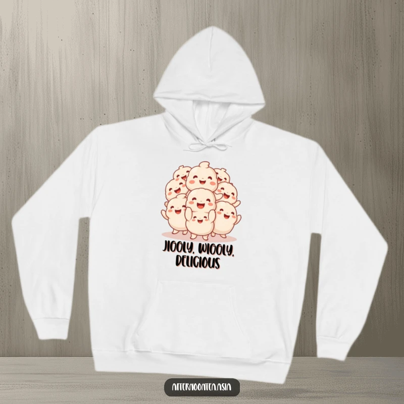 Funny Hoodie featuring a smiling pile of fluffy dumplings doing a lively and cute jig.