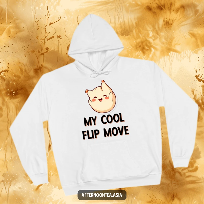Funny kawaii dumpling character doing a cheerful somersault, radiating happiness on this soft hoodie, a great gift.