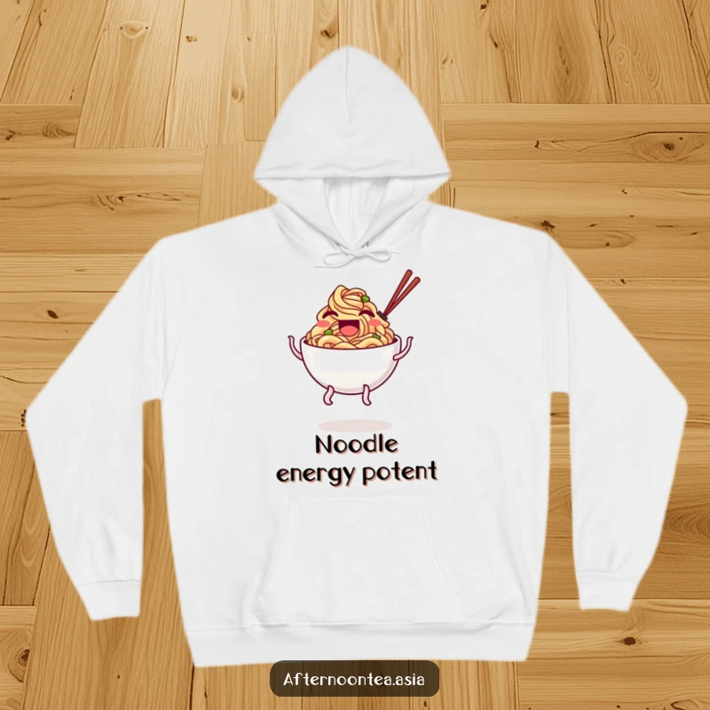 Funny Hoodie featuring a laughing bowl of noodles with wobbly legs doing a lively and cute bounce.