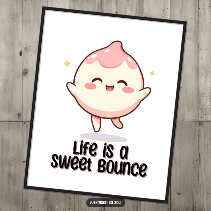 Funny Free Printable Wall Art: Kawaii smiling mochi character playfully bouncing, a cheerful and energetic decorative piece.