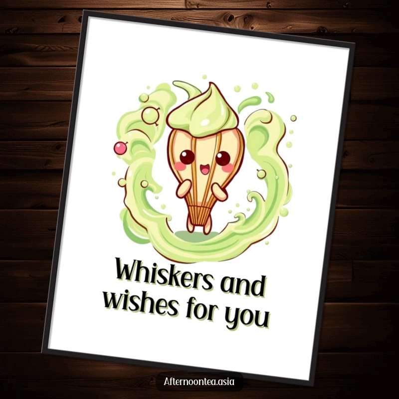 Funny Free Printable Wall Art: Kawaii matcha whisk character creating energetic, frothy abstract designs.