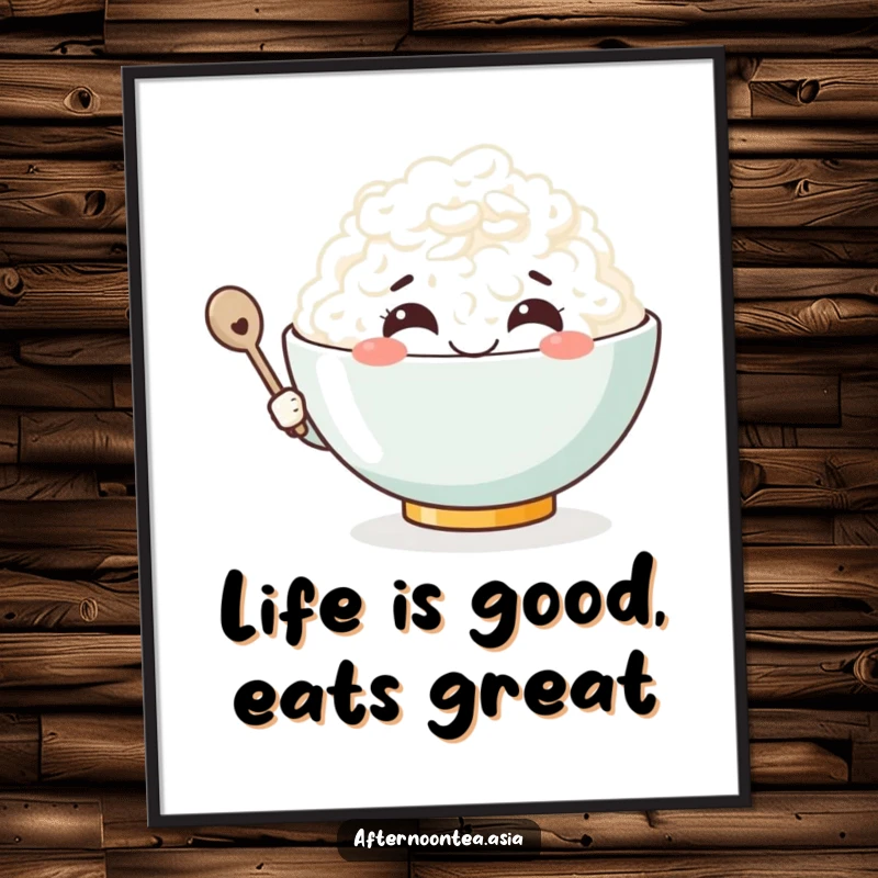 Funny Free Printable Wall Art: Kawaii rice bowl character smiling broadly, holding a tiny spoon, radiating happiness.